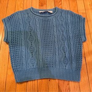 VTG Cotton Blue Cable Knit Short Sleeve Sweater Preppy Tennis Prep yacht club